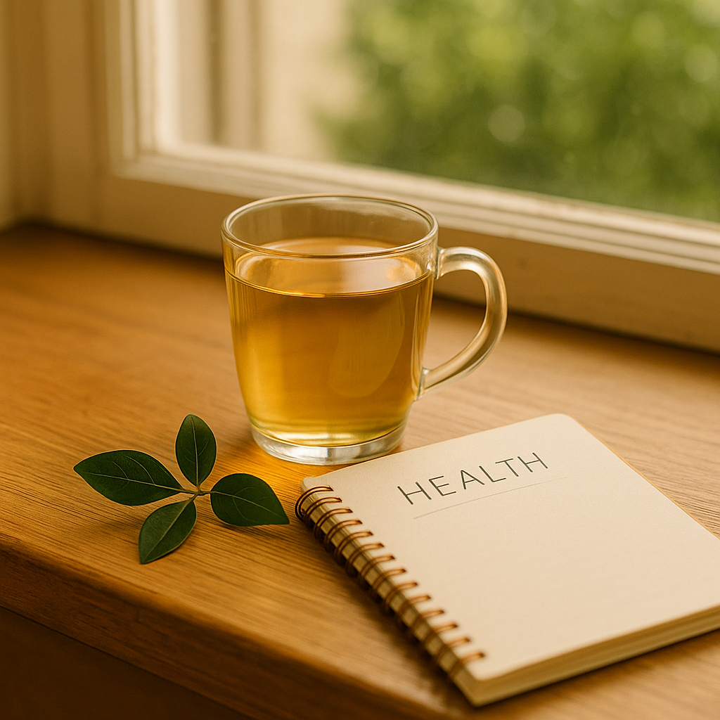 창가의 따뜻한 햇살 아래 놓인 허브차 유리컵과 건강 노트, 나뭇잎 한 잎이 함께 놓인 장면