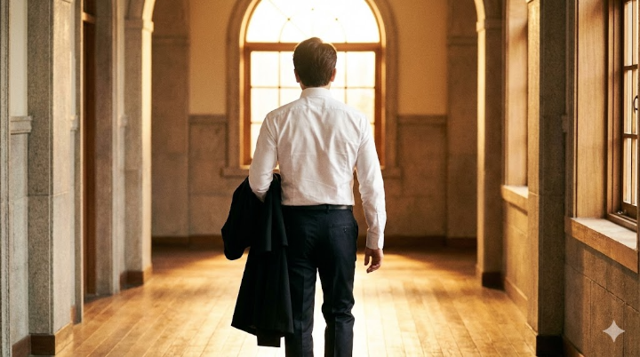 재판이 끝난 후, 창문으로 들어오는 햇살을 받으며 법복을 벗어 팔에 걸고 걸어가는 이한영의 뒷모습. 그의 어깨가 한결 가벼워 보이는, 따뜻하고 희망적인 분위기의 사진