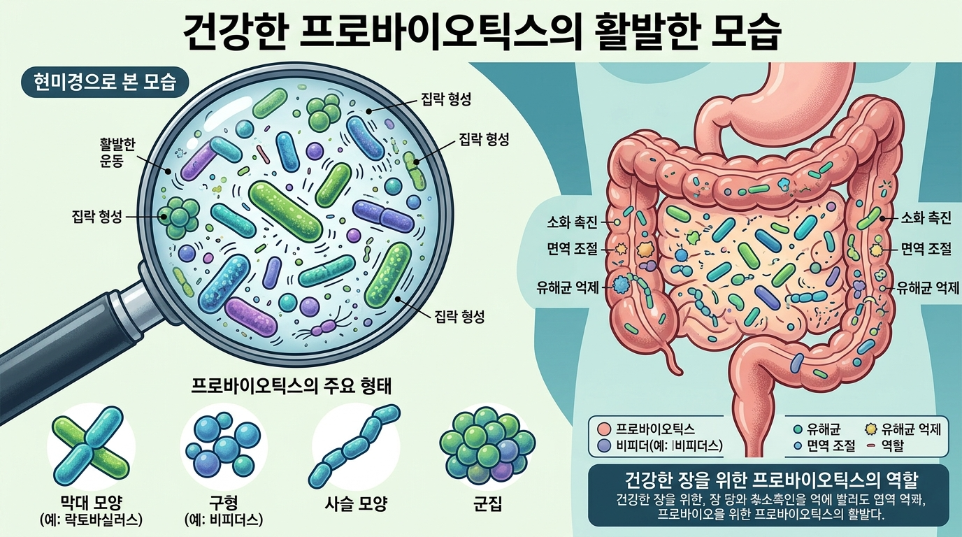 장 건강을 돕는 프로바이오틱스의 종류와 역할 및 현미경 관찰 모습을 나타낸 인포그래픽