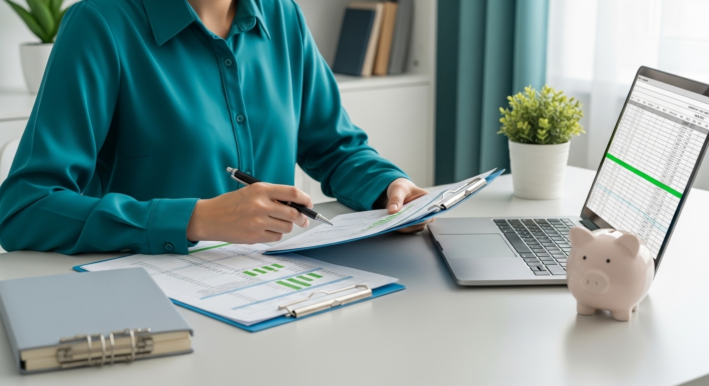 건강보험료 절약 전략을 세우며 서류를 정리하는 직장인의 모습.