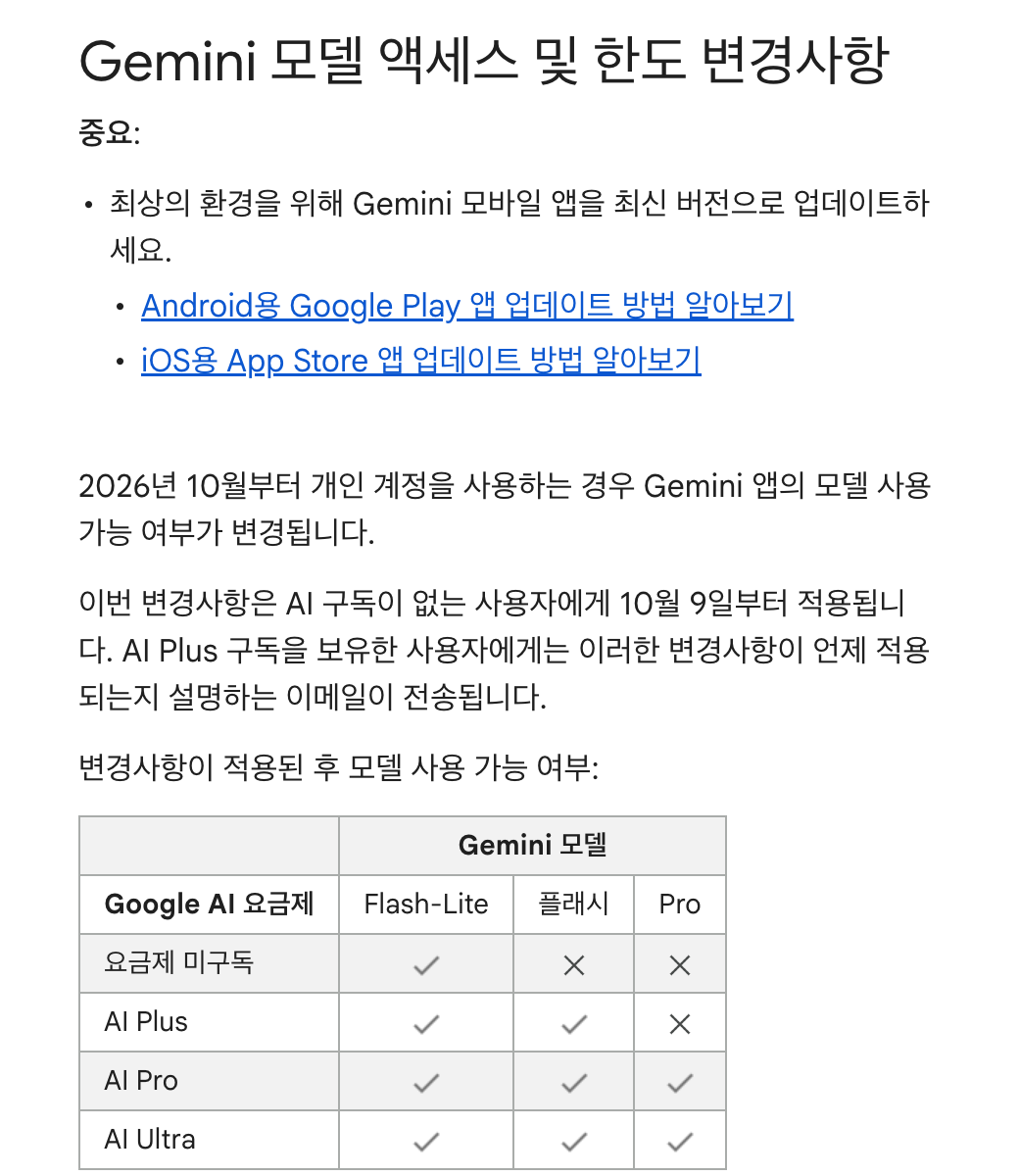 제미나이 고객센터 표에서 요금제 미구독자는 Flash-Lite만, AI Plus는 플래시까지, AI Pro와 Ultra는 Pro 모델까지 쓸 수 있다고 표시된 모습
