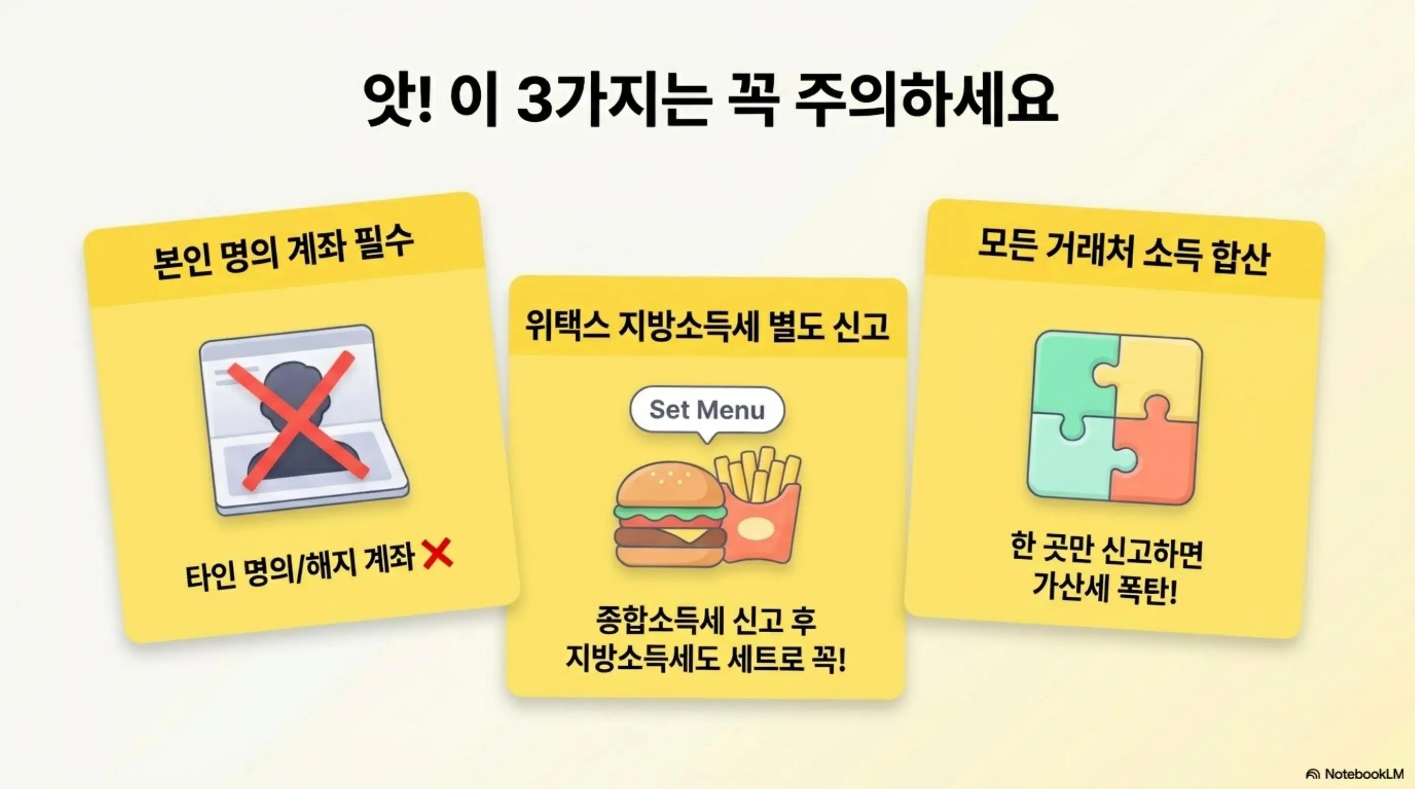 프리랜서 3.3% 환급: 본인 명의 계좌 필수, 위택스 지방소득세 별도 신고, 모든 거래처 소득 합산 신고 등 3가지 주의사항을 카드형으로 정리한 인포그래픽 이미지. 이 이미지는 프리랜서 3.3% 환급 신청 시 흔한 실수를 시각적으로 전달하며, 블로그의 환급 신청 주의사항과 관련된 내용을 설명함