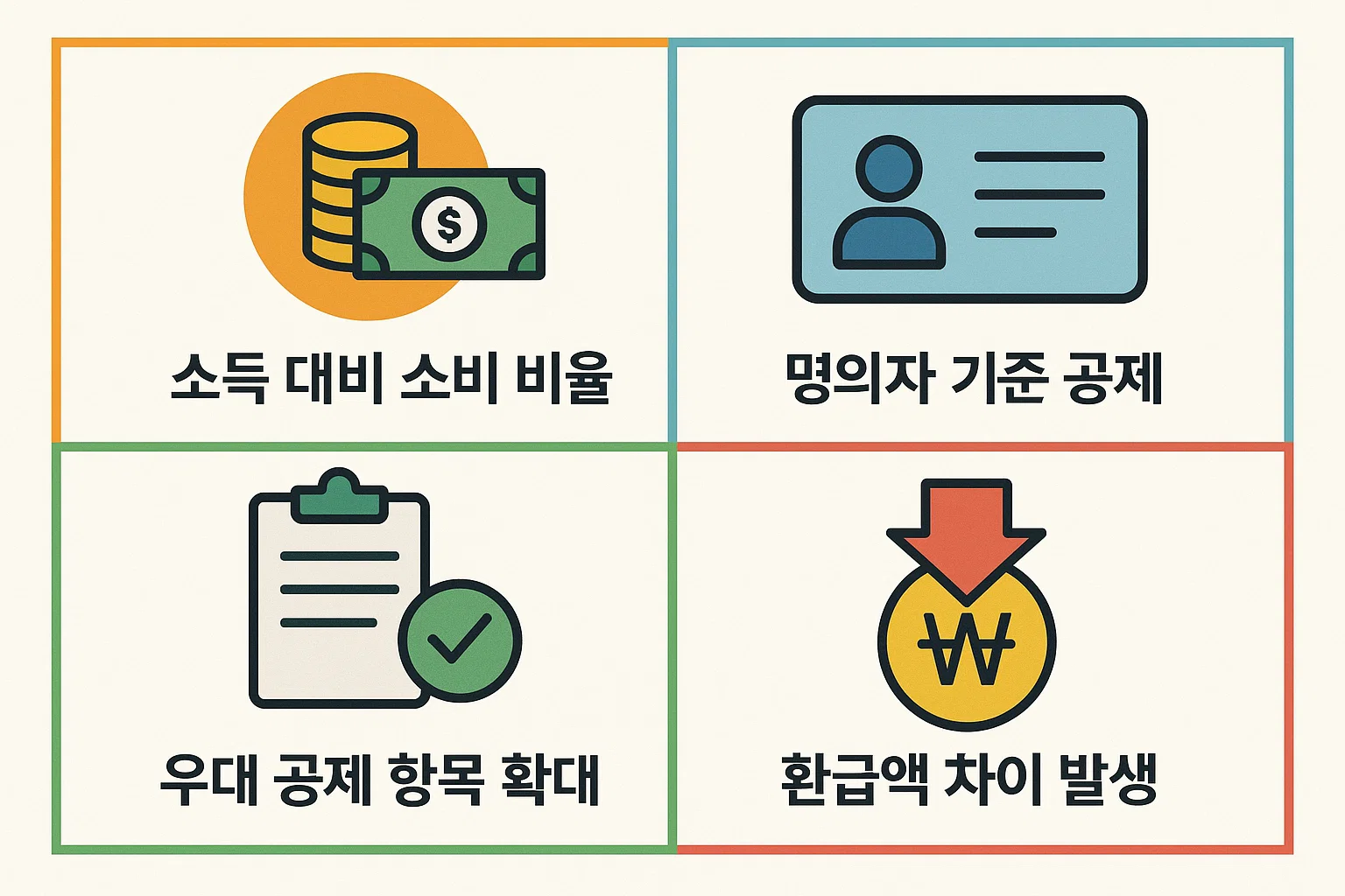 배우자 신용카드 연말정산 시 알아야 할 소득 대비 소비 비율, 명의자 기준 공제 원칙, 우대공제 항목 확대 및 환급액 차이 발생 요인을 정리한 인포그래픽입니다.