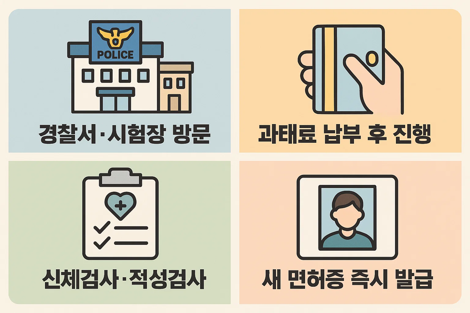 운전면허증 갱신기간 초과 시 과태료 납부부터 면허 재발급까지 단계별 절차를 설명한 인포그래픽. 경찰서 방문, 신체검사 및 적성검사, 새 면허증 즉시 발급 과정까지 구체적으로 안내한 이미지.