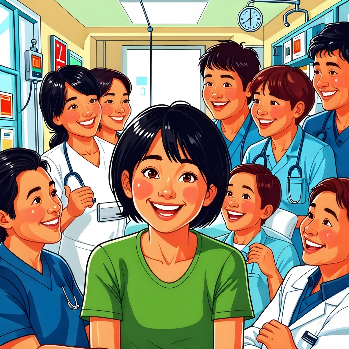 병실에서 머리가 짧고 약간 통통한 30살 여자자폐환자와 다른 환자들과 보호자들의 웃는 모습