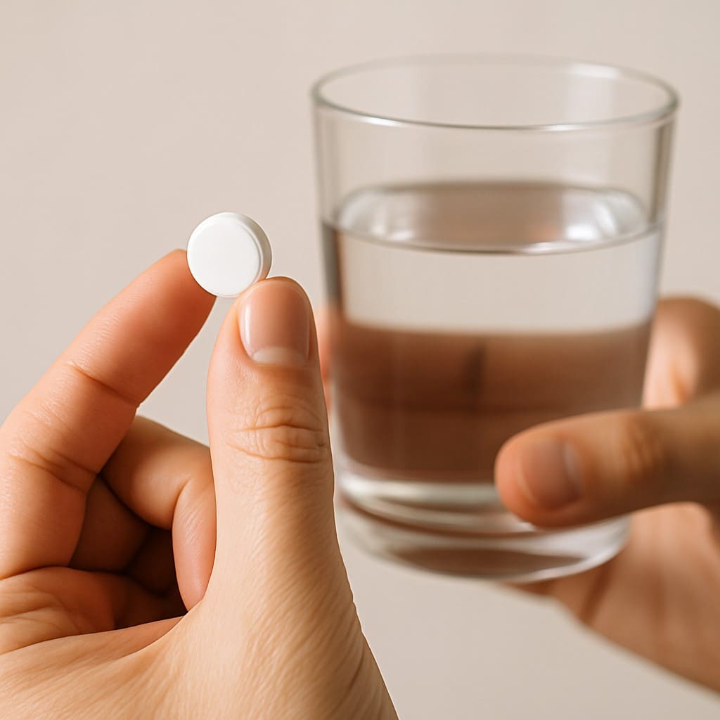 물과 함께 구충제를 복용하려는 모습