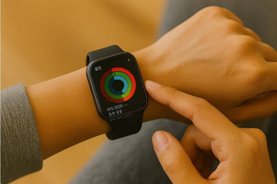 스마트워치에 운동 링과 걸음 수가 표시된 화면