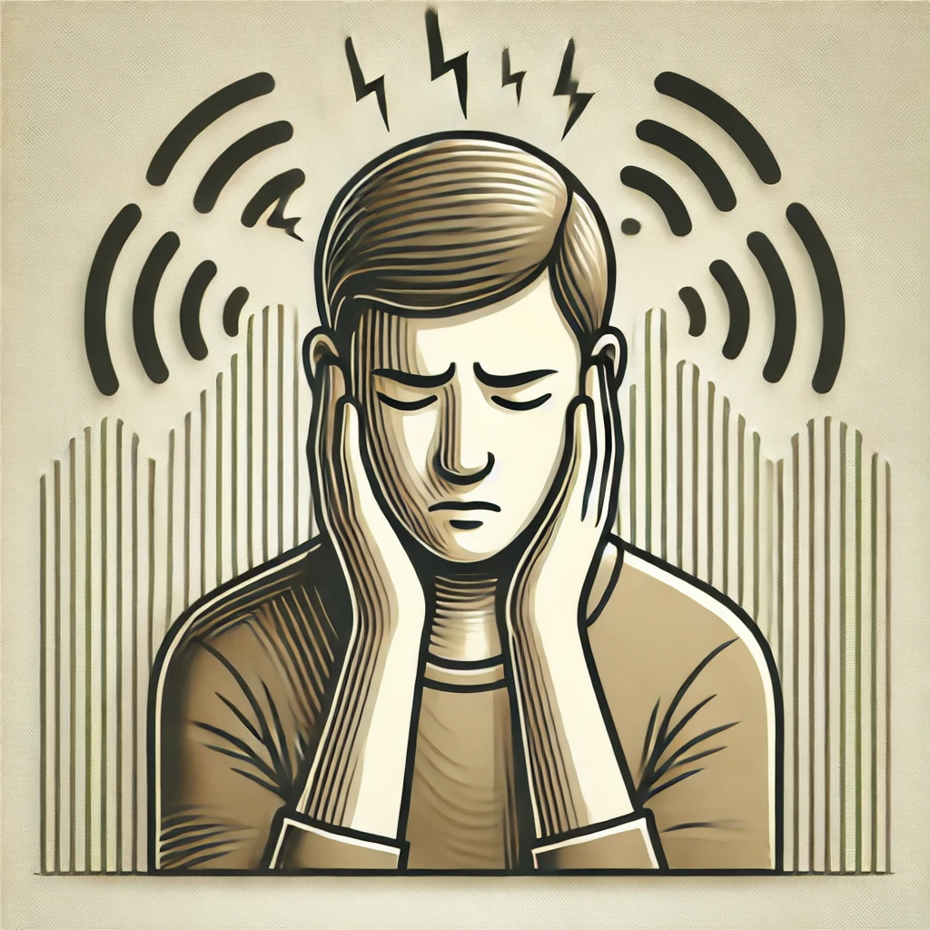 이명으로 스트에스를 받는 사람을 표현한 그림