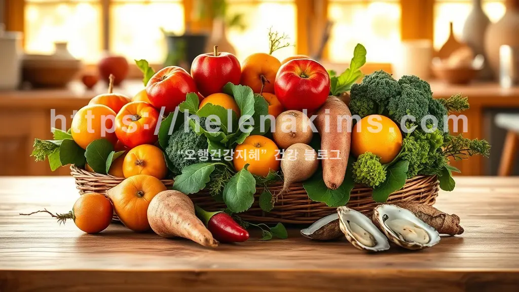 따뜻하고 부드러운 자연광이 비추는 아늑한 공간. 나무 식탁 위에는 풍요로운 가을과 겨울의 제철 식재료, 붉게 잘 익은 사과와 주황빛 감, 노란 귤, 싱싱한 잎채소(시금치, 브로콜리 등), 흙이 묻은 듯 자연스러운 고구마와 무, 그리고 바다의 신선함을 담은 굴이나 새우가 조화롭게 놓여 있는 모습.