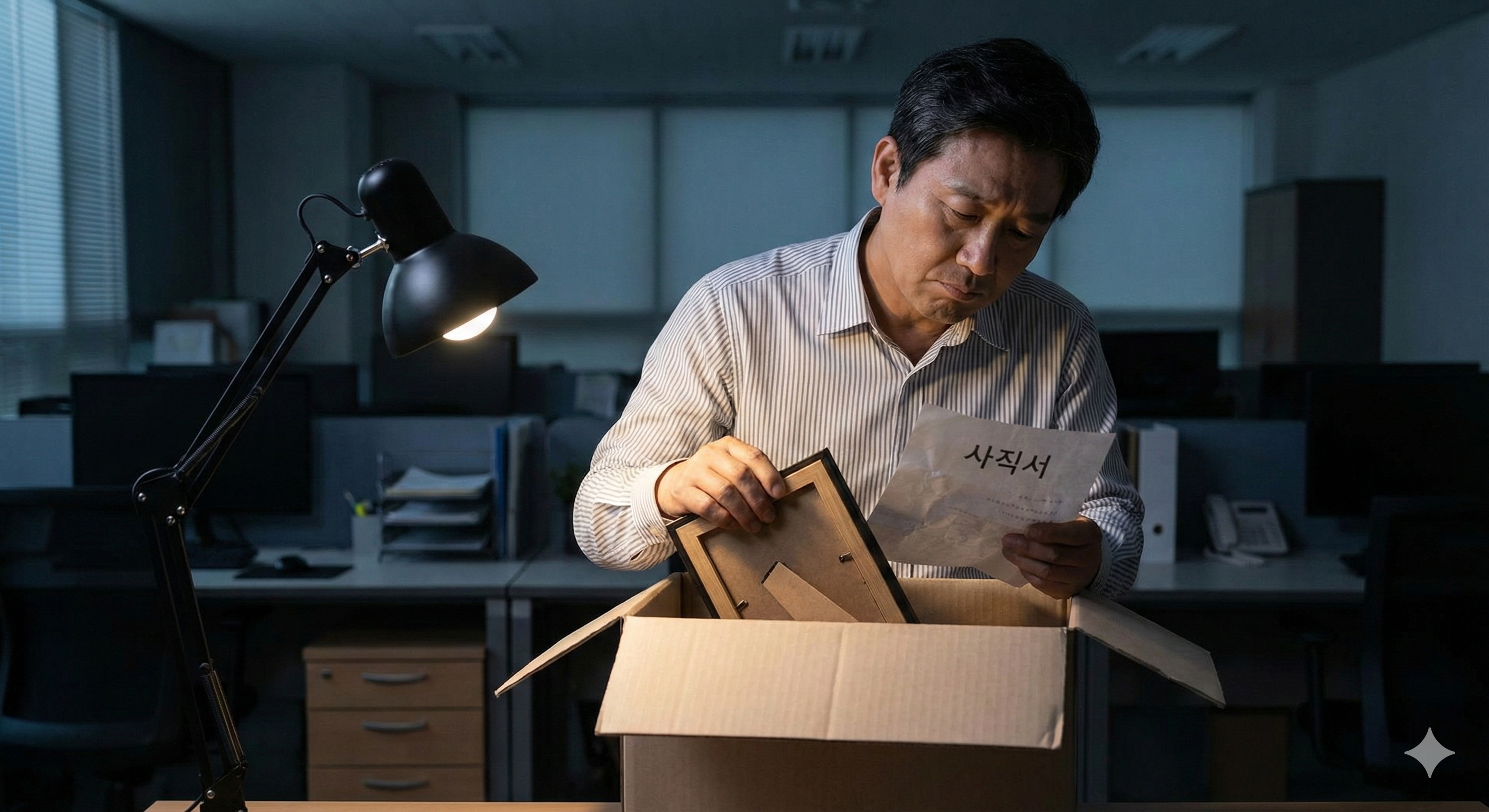 어두운 사무실에서 사직서를 바라보며 짐을 싸고 있는 직장인의 쓸쓸한 모습