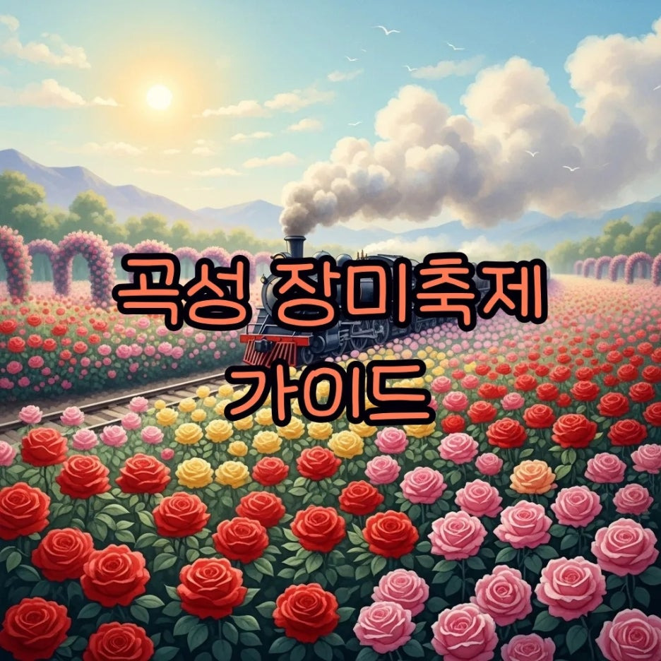 만발한 장미꽃 사이로 기차가 지나가는 평화로운 풍경