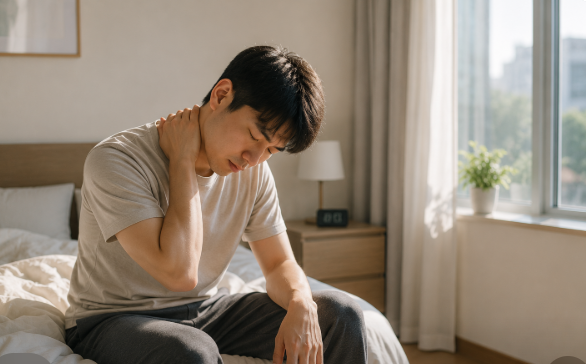 자고 일어나도 몸이 무겁고 피로가 남아 있는 남성 모습