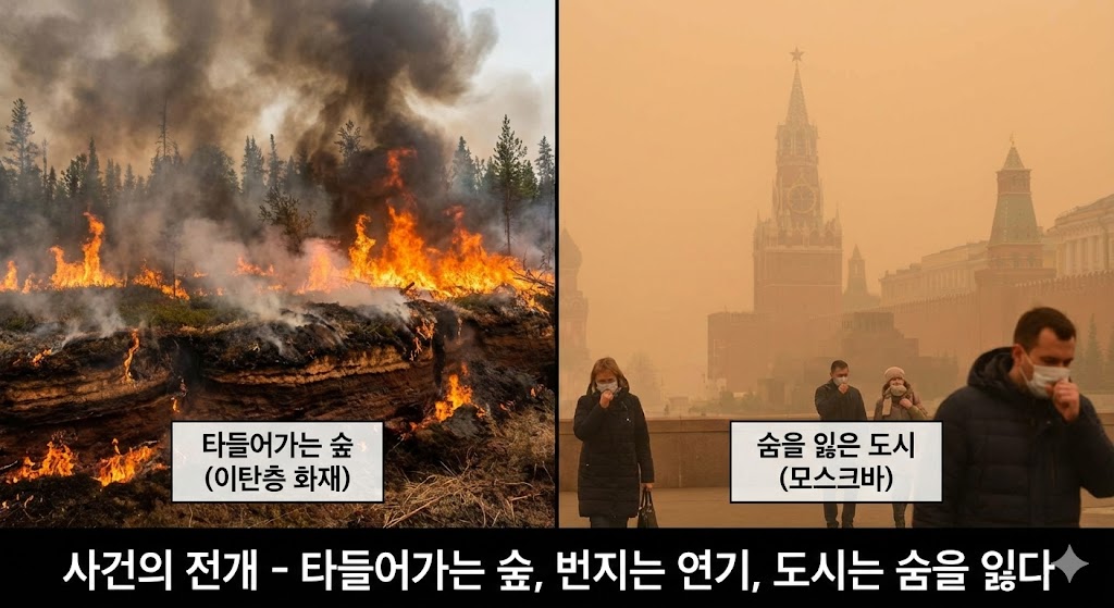 불길에 휩싸인 산과 숨쉬기 곤란한 마스크 쓴 사람들 이미지.