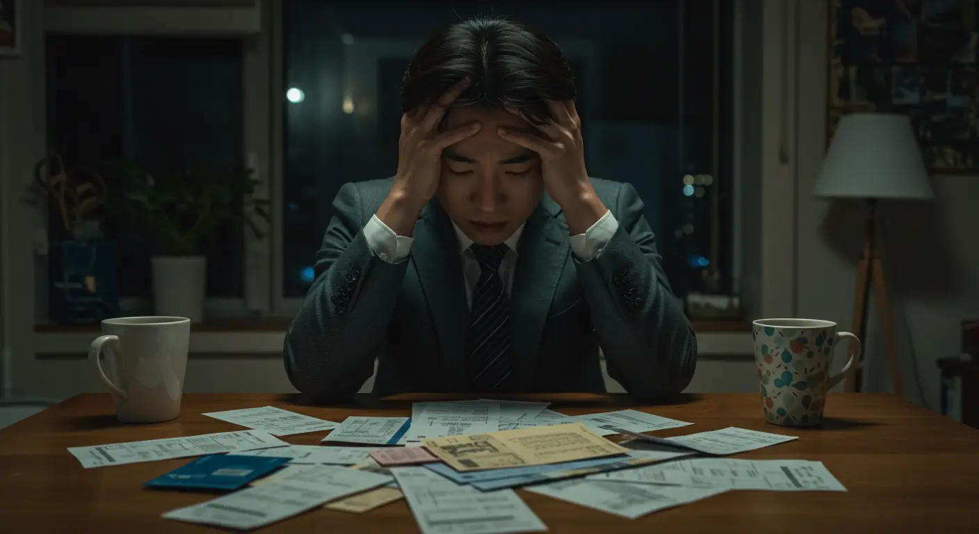 여러 장의 카드 고지서를 보며 저축은행 채무통합을 고민하는 한국인 직장인
