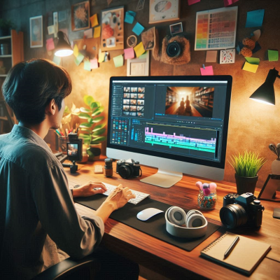 따뜻한 분위기의 방에서 영상 편집을 하는 남성.