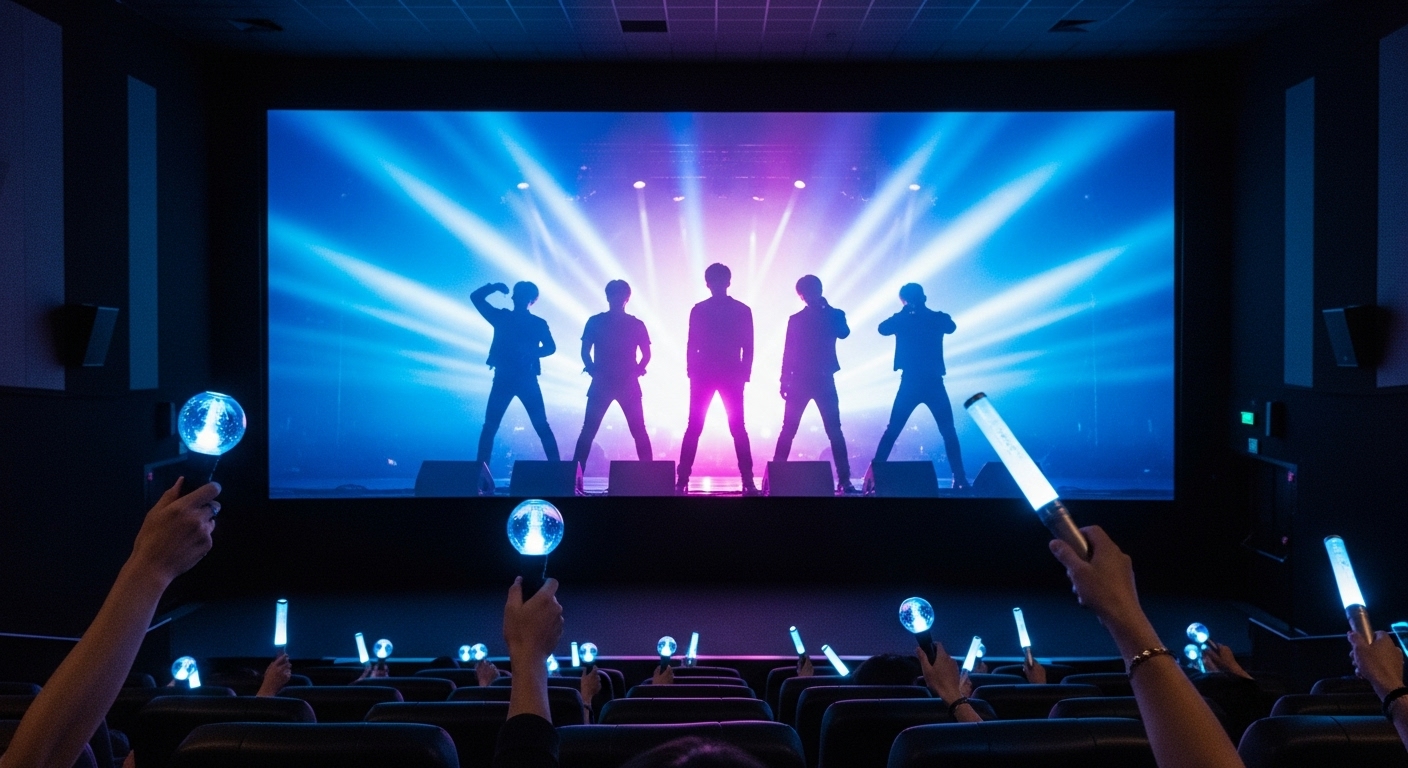 K팝 아이돌 그룹 몬스타엑스의 영화를 영화관에서 관람하는 팬들의 모습, 푸른색 응원봉이 빛나는 역동적인 장면
