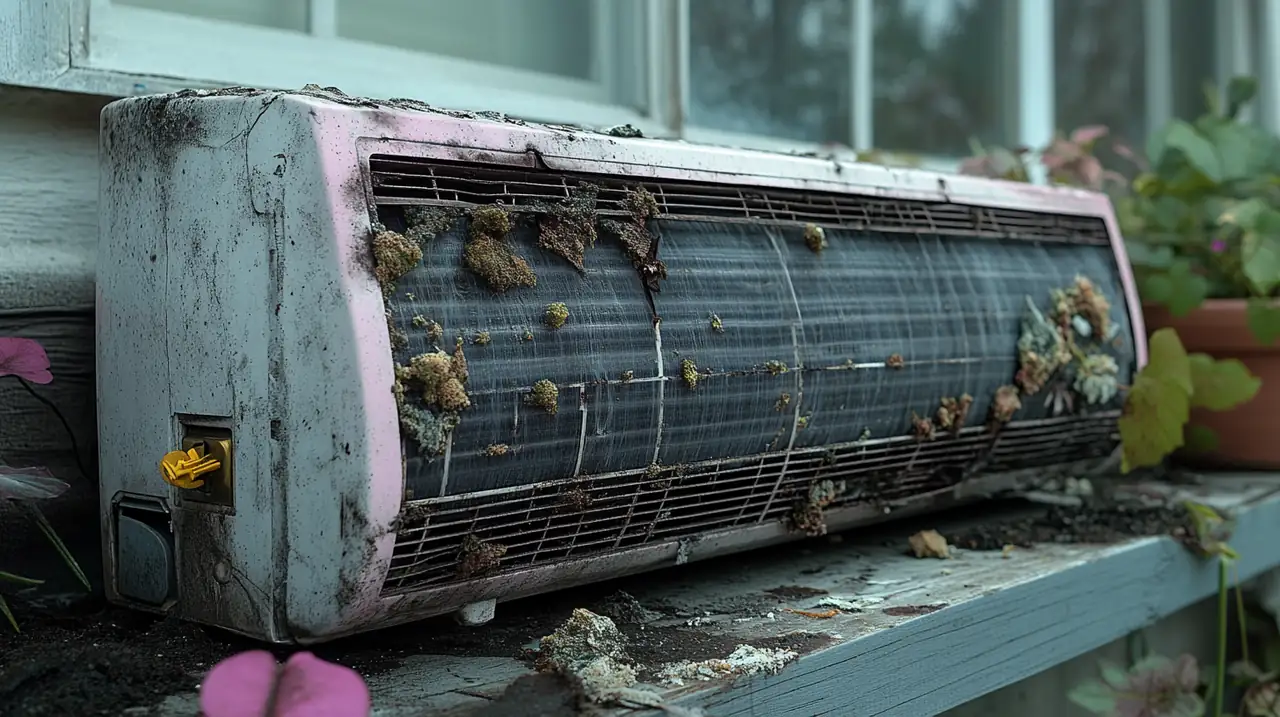 곰팡이와 먼지가 쌓인 중고 에어컨의 내부를 보여주는 이미지, 서브어번 하우스 느낌