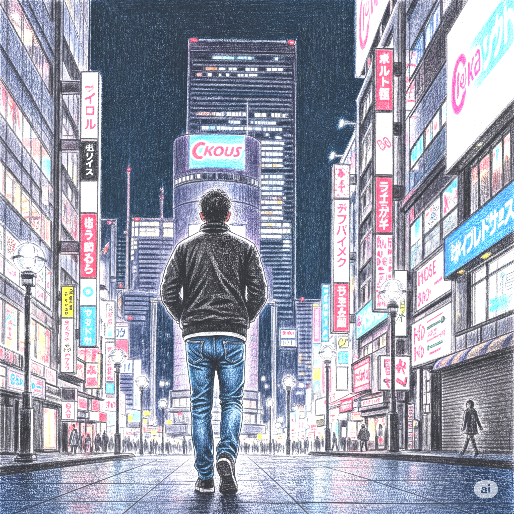 동경의 밤 거리를 걷는 남자