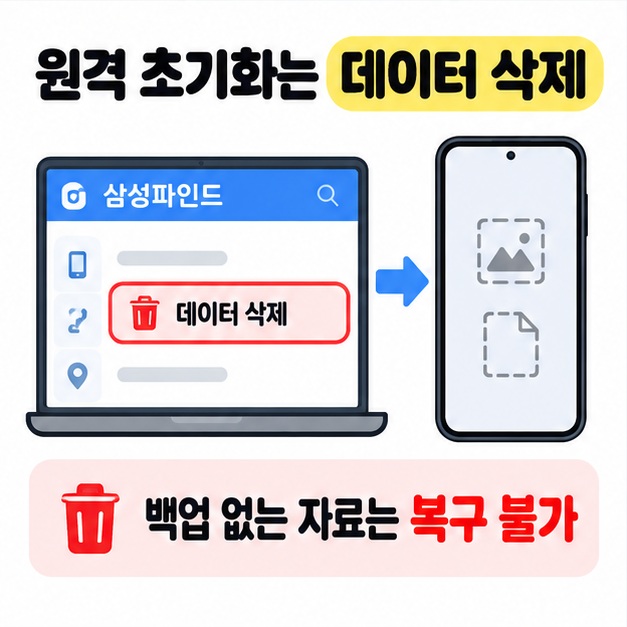 삼성파인드의 데이터 삭제 화면과 사진 및 파일의 점선 표시가 있는 스마트폰을 연결하고 백업 없는 자료는 복구 불가라고 안내한 그림