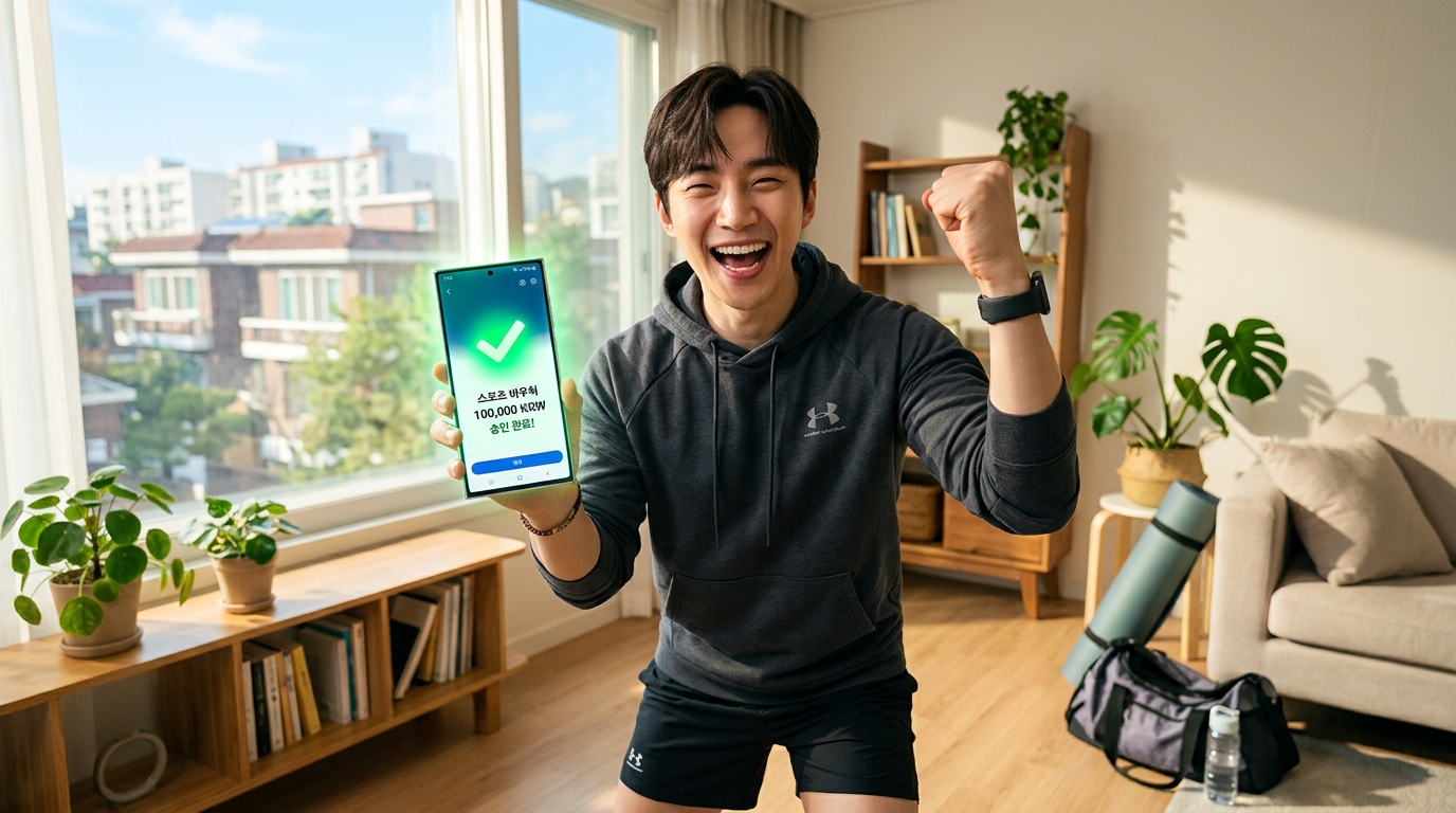 스마트폰으로 10만 원 바우처 혜택을 확인하고 기뻐하는 모습