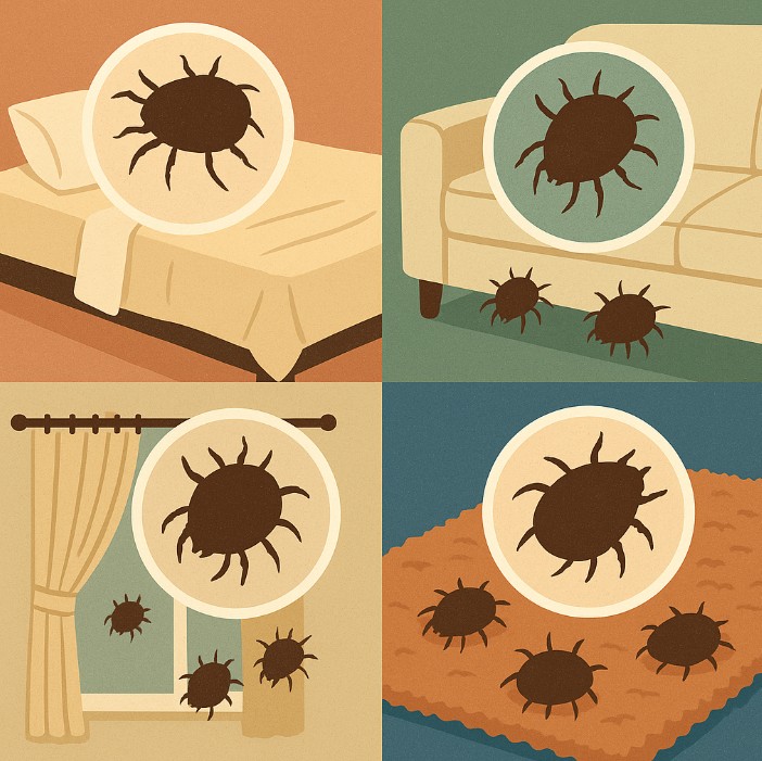 침대, 소파, 커튼, 카펫 등 다양한 가정 내 장소에 서식하는 집먼지 진드기를 강조한 일러스트 이미지