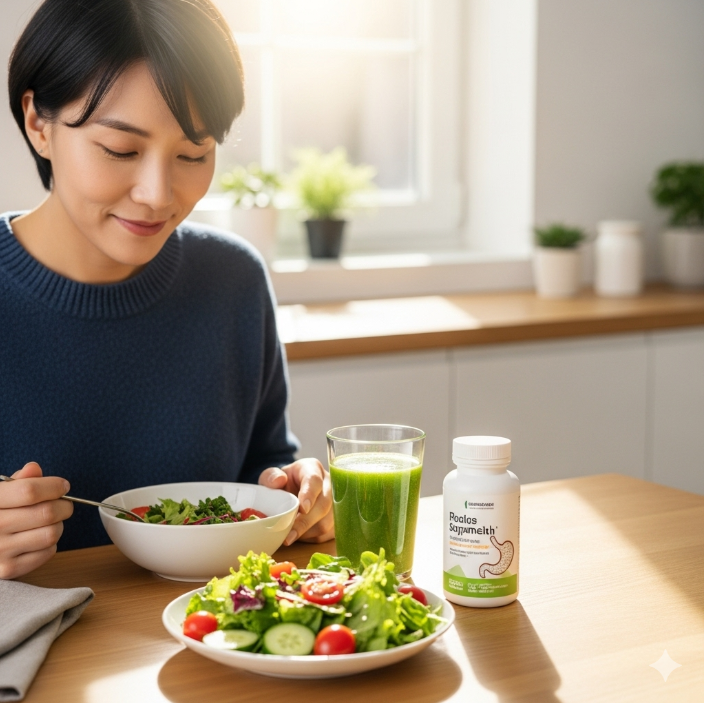 평화로운 표정으로 아침 식사를 하고 있는 사람의 모습. 샐러드와 건강 음료 옆에 위 건강 영양제 병이 놓여 있어, 영양제가 건강한 일상의 일부가 되었음을 상징한다.