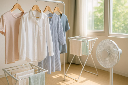 빨래후 옷걸이에 걸어서 건조대에 널고 선풍기를 아래방향으로 향하게 해서 건조시키는 사진