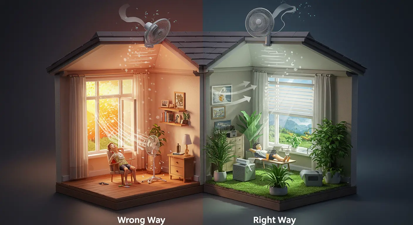 폭염 속 실내 온도를 낮추는 두 가지 방법을 비교한 이미지: 왼쪽은 열린 창문과 선풍기 바람에 힘들어하는 모습, 오른쪽은 커튼으로 햇빛을 막고 환기를 통해 쾌적하게 쉬는 모습