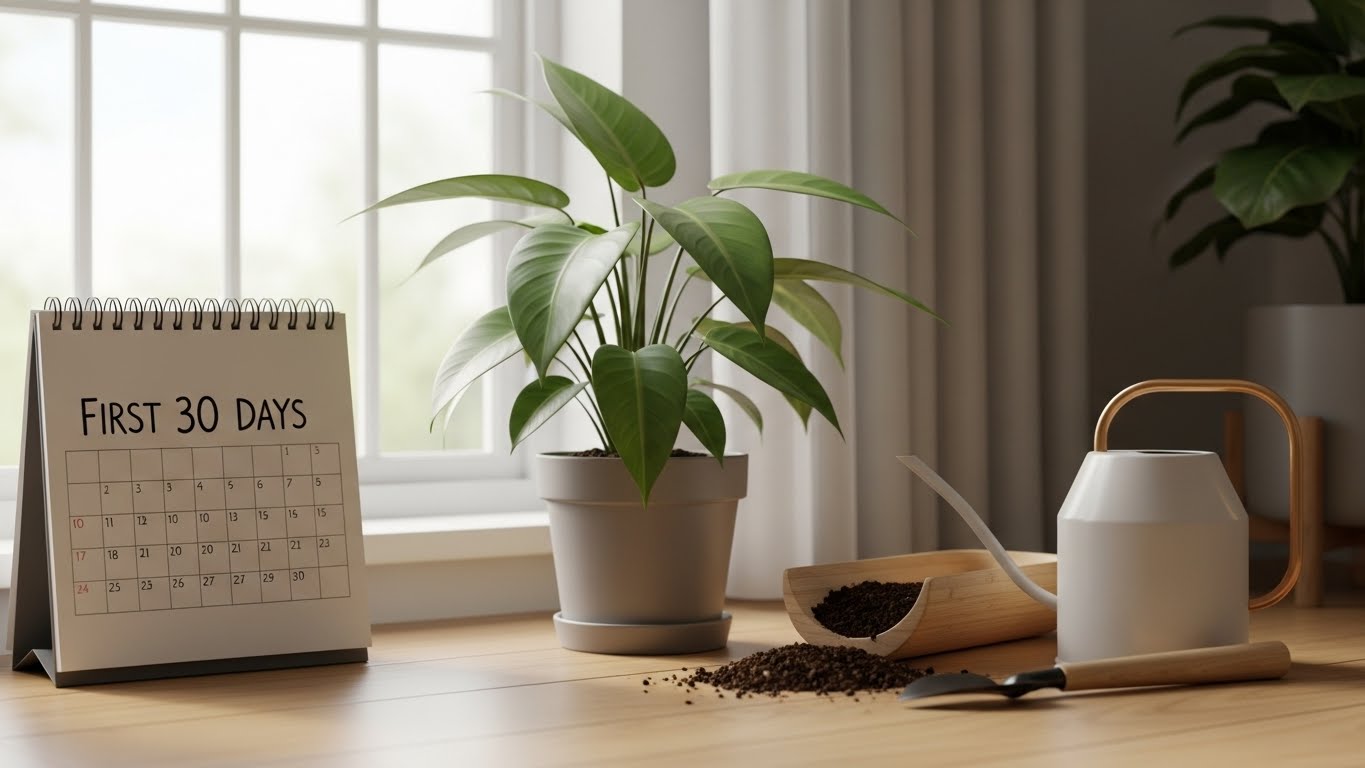 새로 구매한 실내 식물을 창가에 두고 첫 30일 관리 계획을 준비하는 모습. 실내 식물 구매 후 초기 관리 방법을 설명하는 대표 이미지.