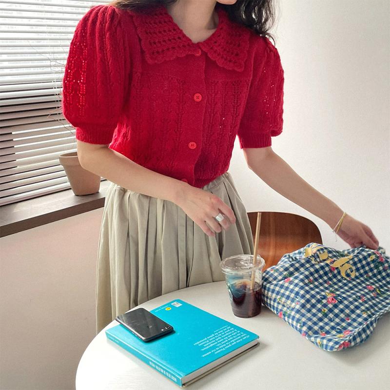 러블리한 여성 반팔 니트 퍼프 스카시 크롭니트 시스루 여름 니트 핑크 레드