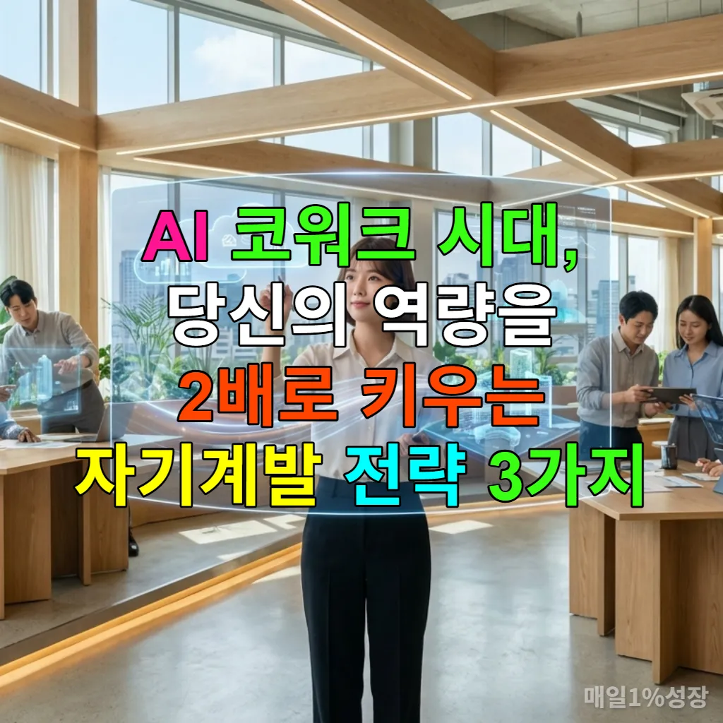 AI와 함께 일하는 현대적인 한국의 코워킹 스페이스에서 한 젊은 전문가가 AI 인터페이스를 능숙하게 다루는 모습