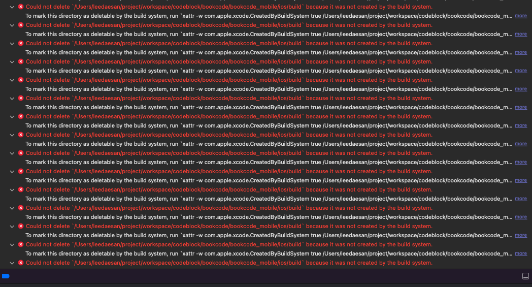 Could not delete `/Users/project/ios/build` because it was not created by the build system.

에러 캡쳐화면