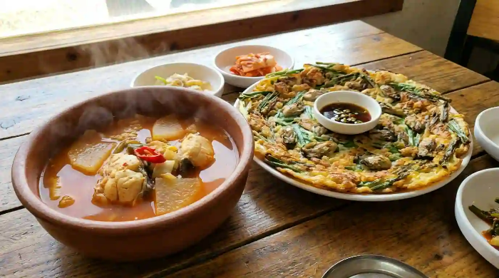 대구탕과 굴전이 식탁 위에 놓여있는 모습.