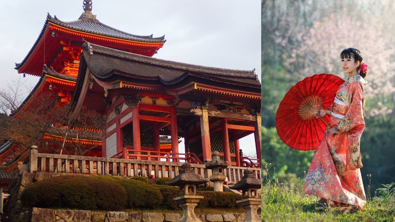 일본 고대건축물과 일본 의복을 보여주는 이미지