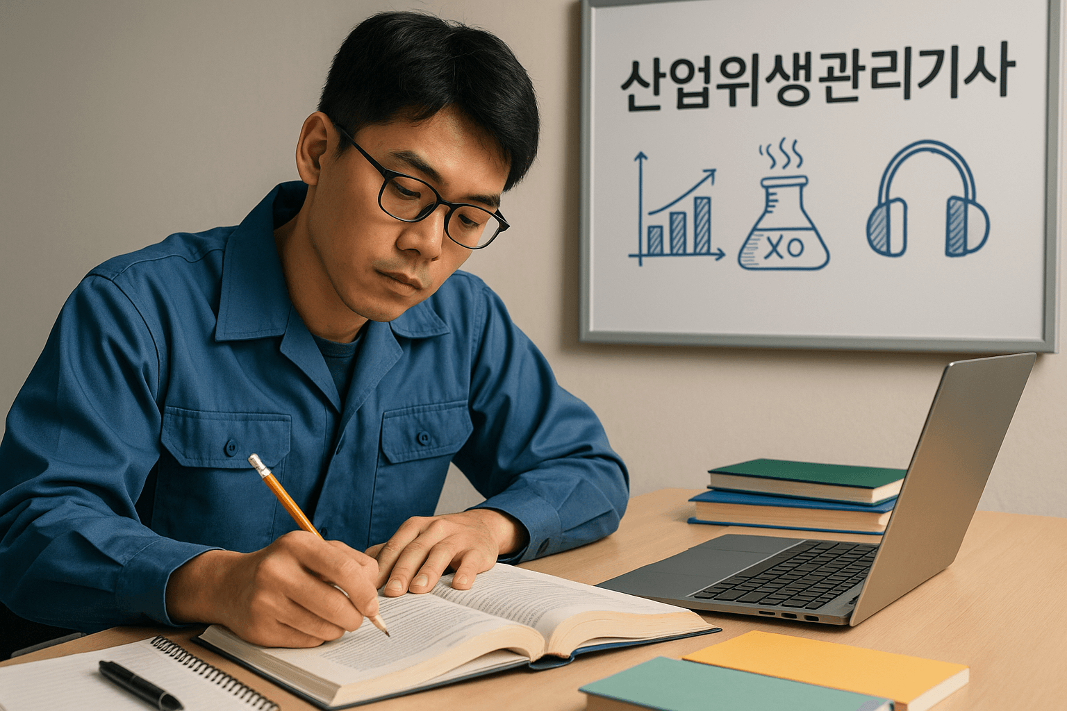산업위생관리기사 공부중인 남성과 벽에 화이트보드에 산업위생관리기사 라고 적혀있다.