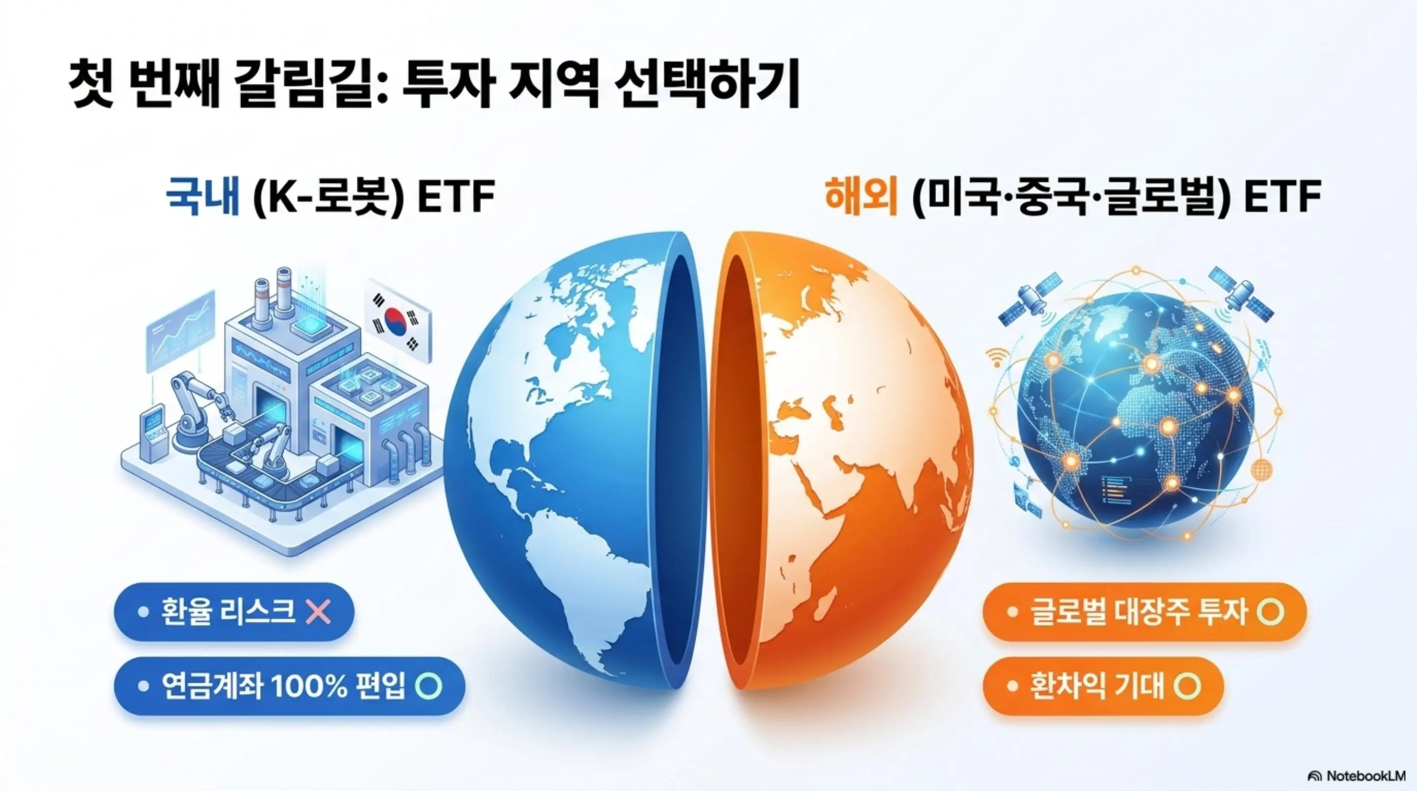 AI 로봇 ETF 비교: 국내 K-로봇 ETF와 해외 미국 중국 글로벌 ETF의 첫 번째 갈림길을 보여주는 인포그래픽으로 국내형은 환율 리스크 없음과 연금계좌 편입 가능 그리고 해외형은 글로벌 대장주 투자와 환차익 기대라는 장단점을 비교하는 이미지