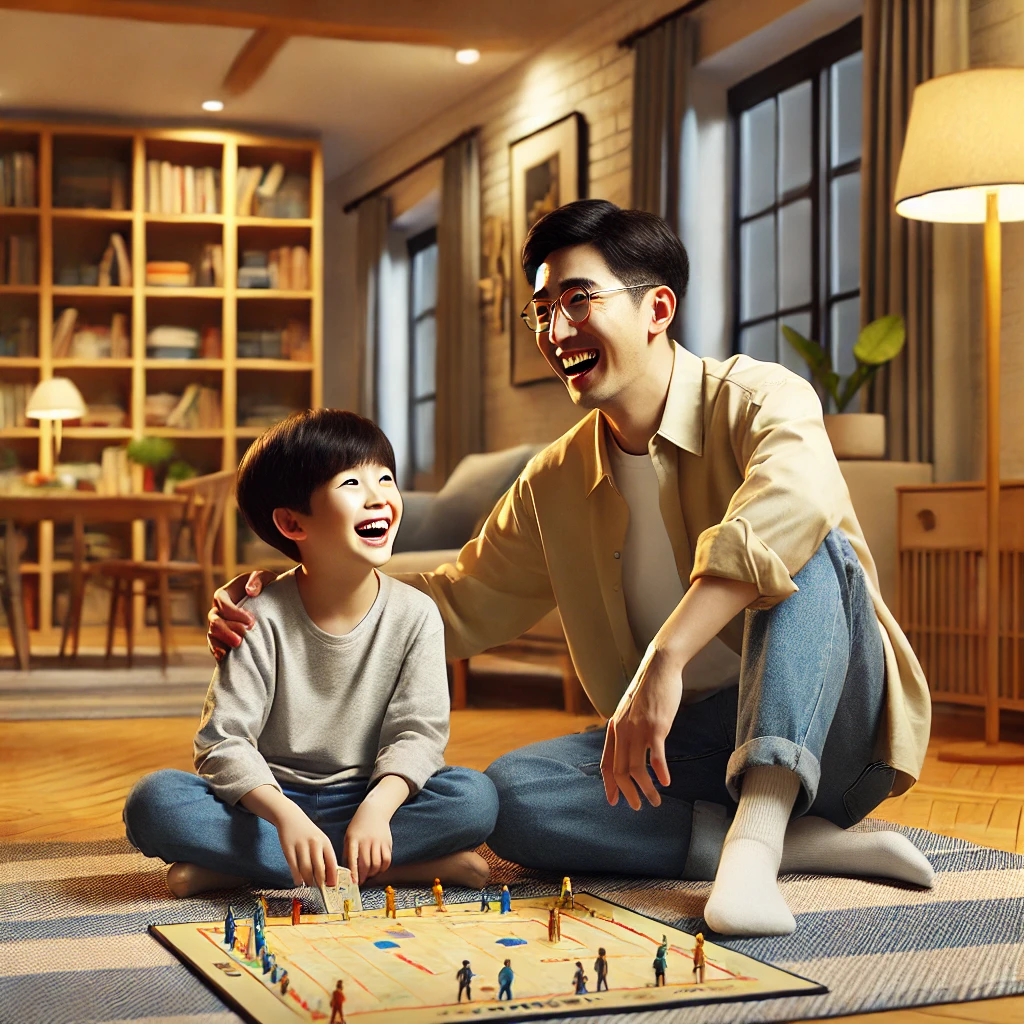아버지와 아들이 거실의 카펫 위에서 보드게임을 하는 장면. 두 사람은 웃으며 게임을 즐기고 있습니다. 배경에는 책장과 램프가 따뜻한 분위기를 더합니다