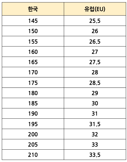 유럽 어린이 신발 사이즈표