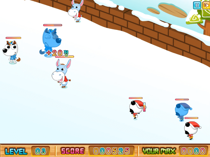 동물-친구들에게-눈덩이를-던지고-점수를-획득하는-화면