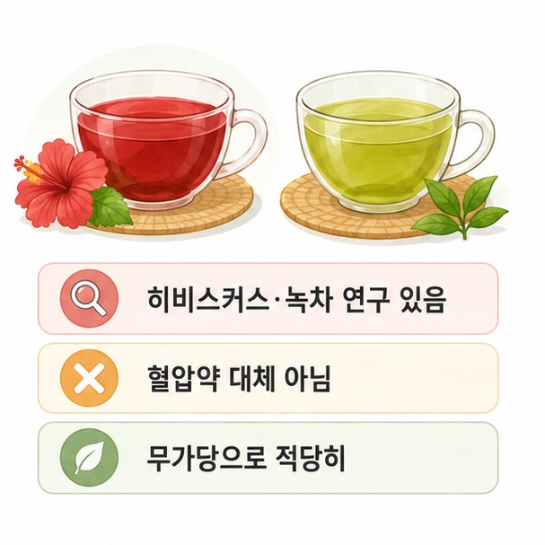 히비스커스차와 녹차를 나란히 배치해 혈압 관련 연구가 있지만 혈압약을 대체하지는 않는다는 점을 보여주는 이미지