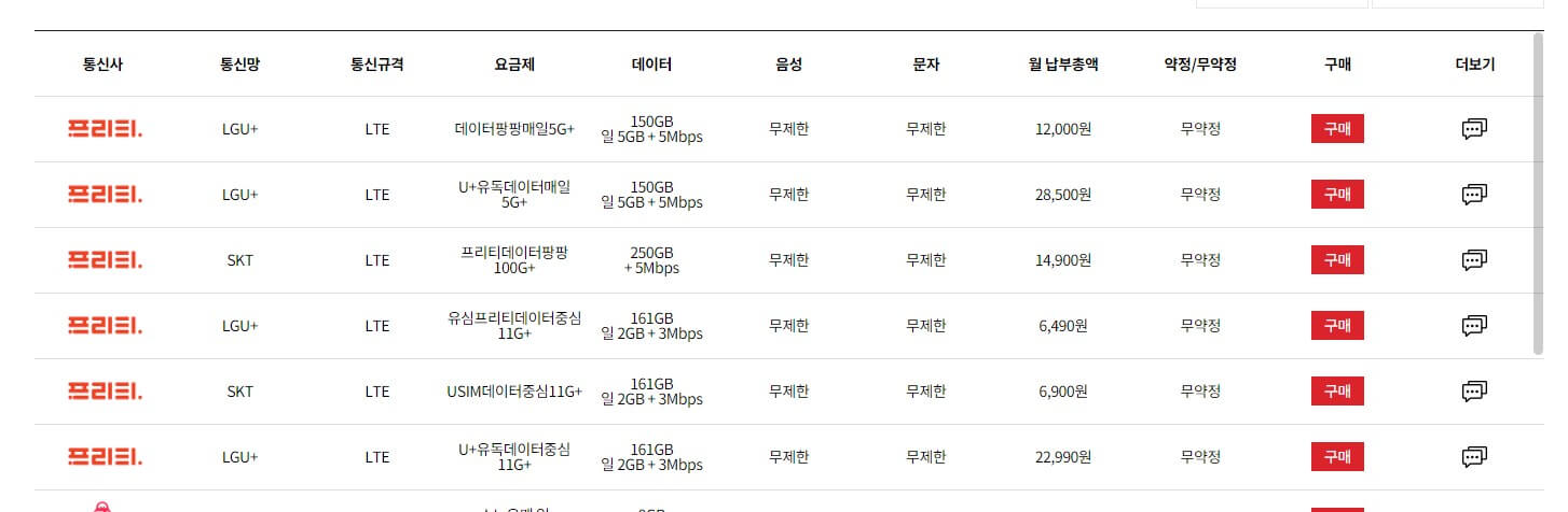 알뜰폰 허브 사이트 요금제비교