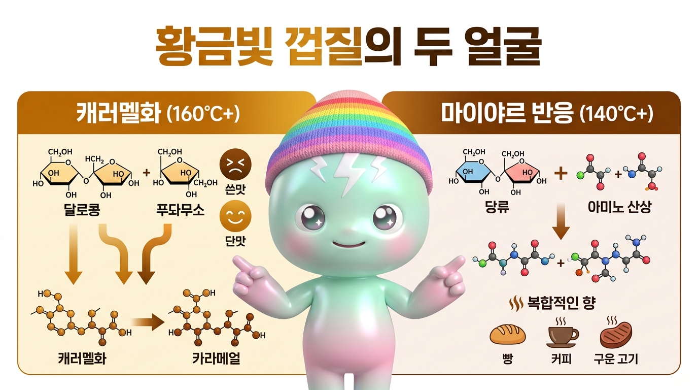 캐러멜화 vs 마이야르 반응 &ndash; 황금빛 껍질의 두 얼굴