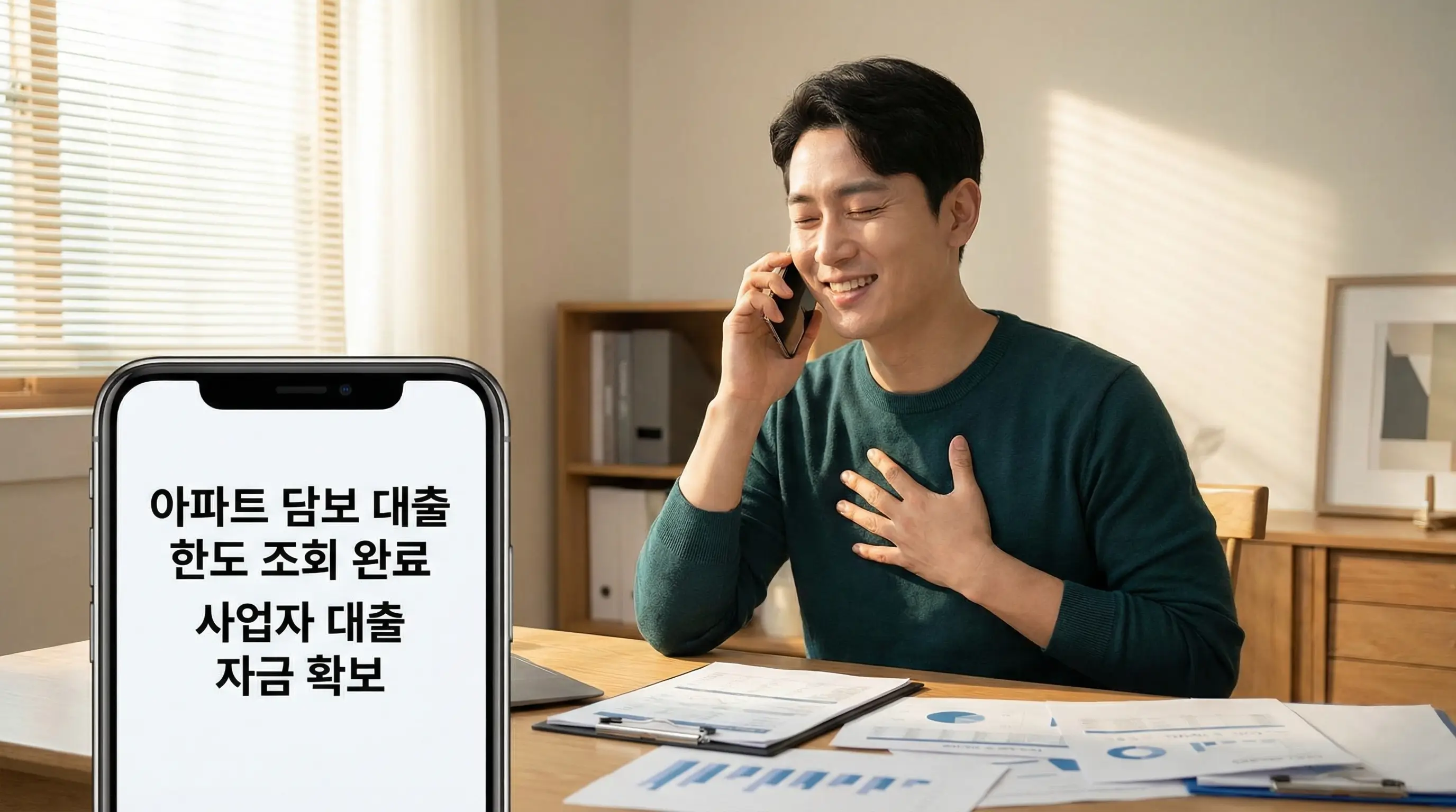 스마트폰으로 아파트 담보 대출 한도를 조회하고 사업자 대출을 통해 넉넉한 자금을 확보한 후 안도하는 모습