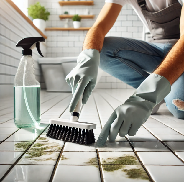 욕실 타일 줄눈의 곰팡이를 솔로 청소하는 모습