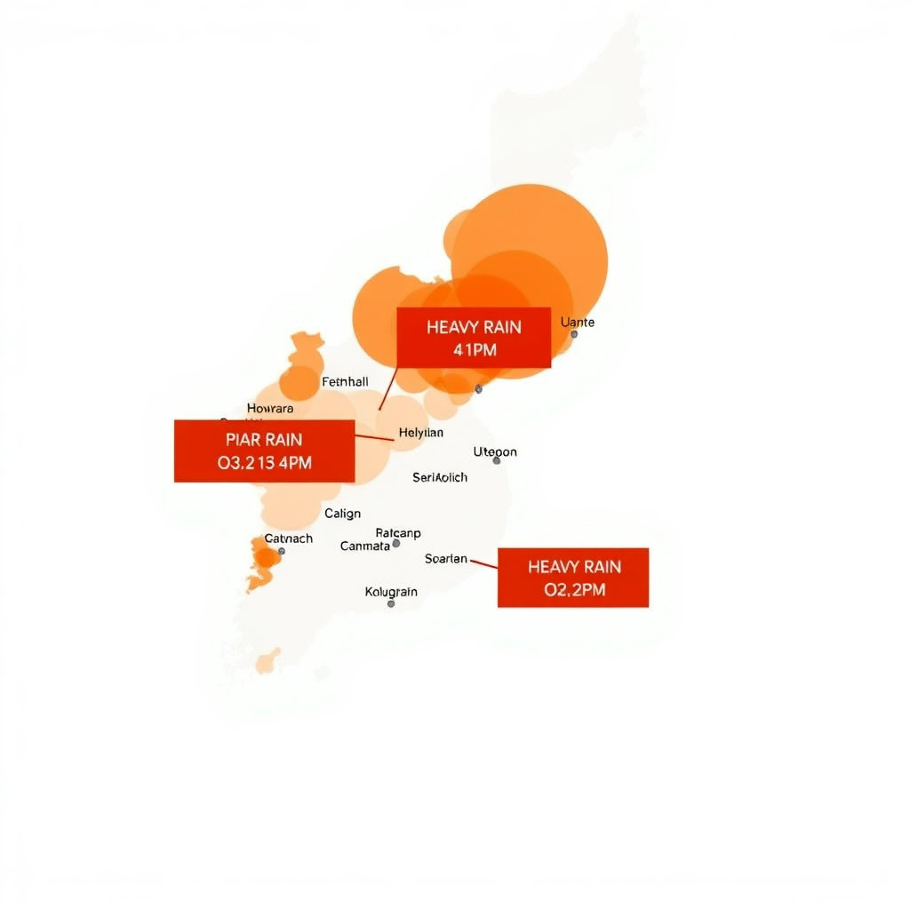 대한민국 지도가 선명하게 표시되어 있고&#44; 호우주의보가 발효된 지역이 주황색이나 빨간색으로 강조되어 있습니다. 깔끔한 디자인으로 정보 전달에 초점을 맞춥니다.