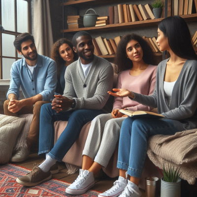 여러 사람이 책을 읽고 토론하는 장면, 다양한 인종이 함께 모여 앉아 있다.