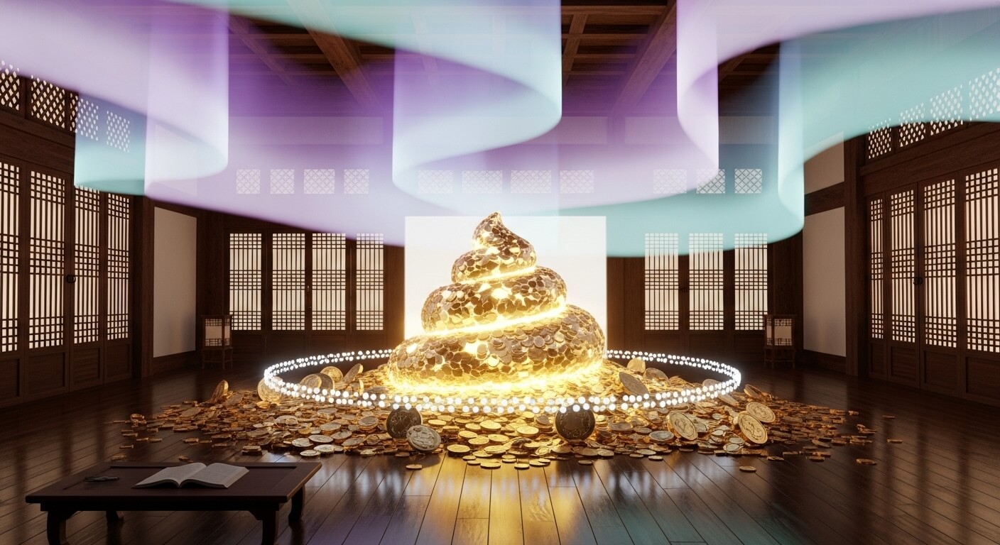 방안에 똥이 황금코인으로 둘러싸여있고 빛이 난다 주의에는 황금 코인이 그득하고 위에은 오로라의 기운이 나와있다