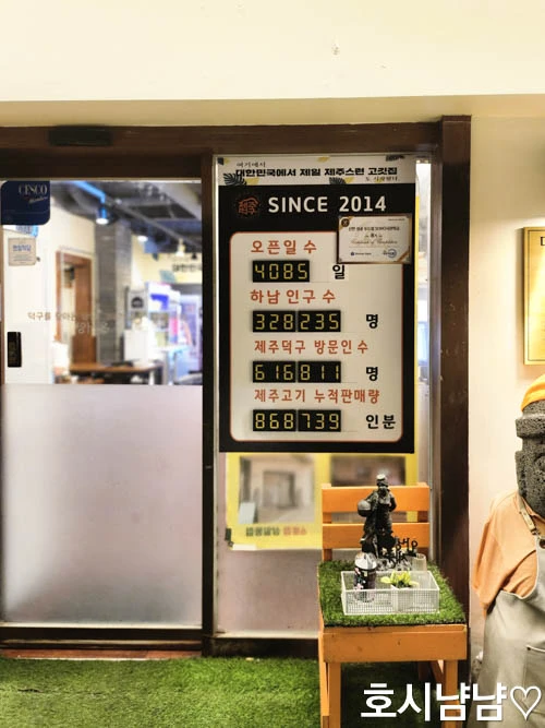 제주덕구 입구 게시판 – 오픈일 수, 하남 인구 수, 방문 인원, 제주고기 누적 판매량 안내