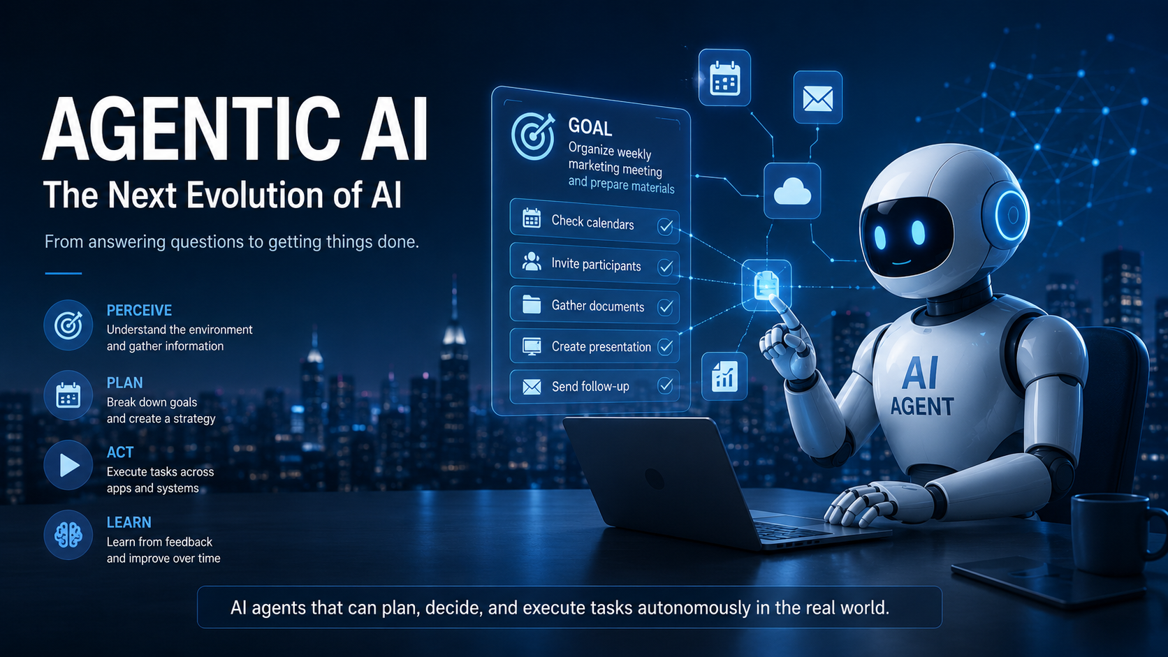 Agentic AI autonomously planning and executing tasks as a next-generation digital worker in a futuristic technology environment