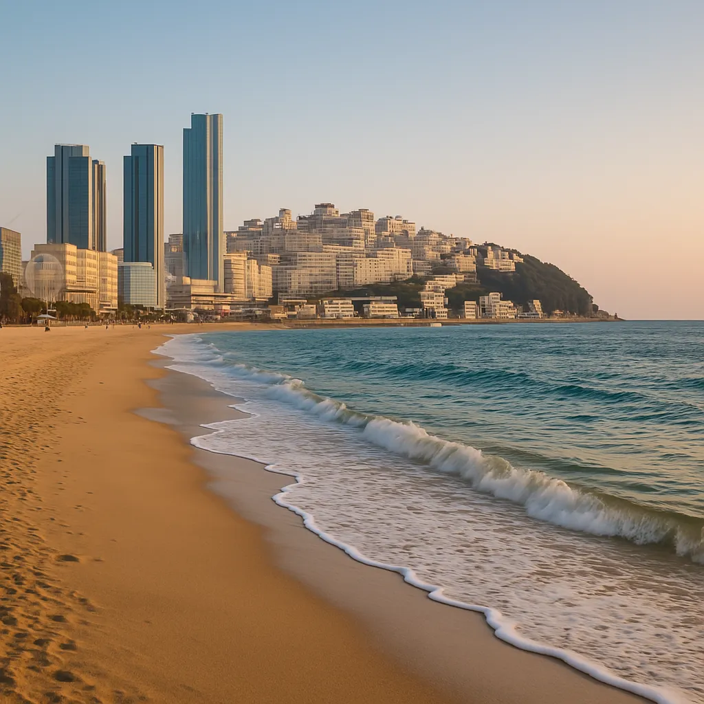 해질 무렵 노을이 비치는 부산 바닷가의 고요한 풍경